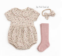 Floral Oat Linen Bunny Bonnet Romper  | EASTER Floral set options