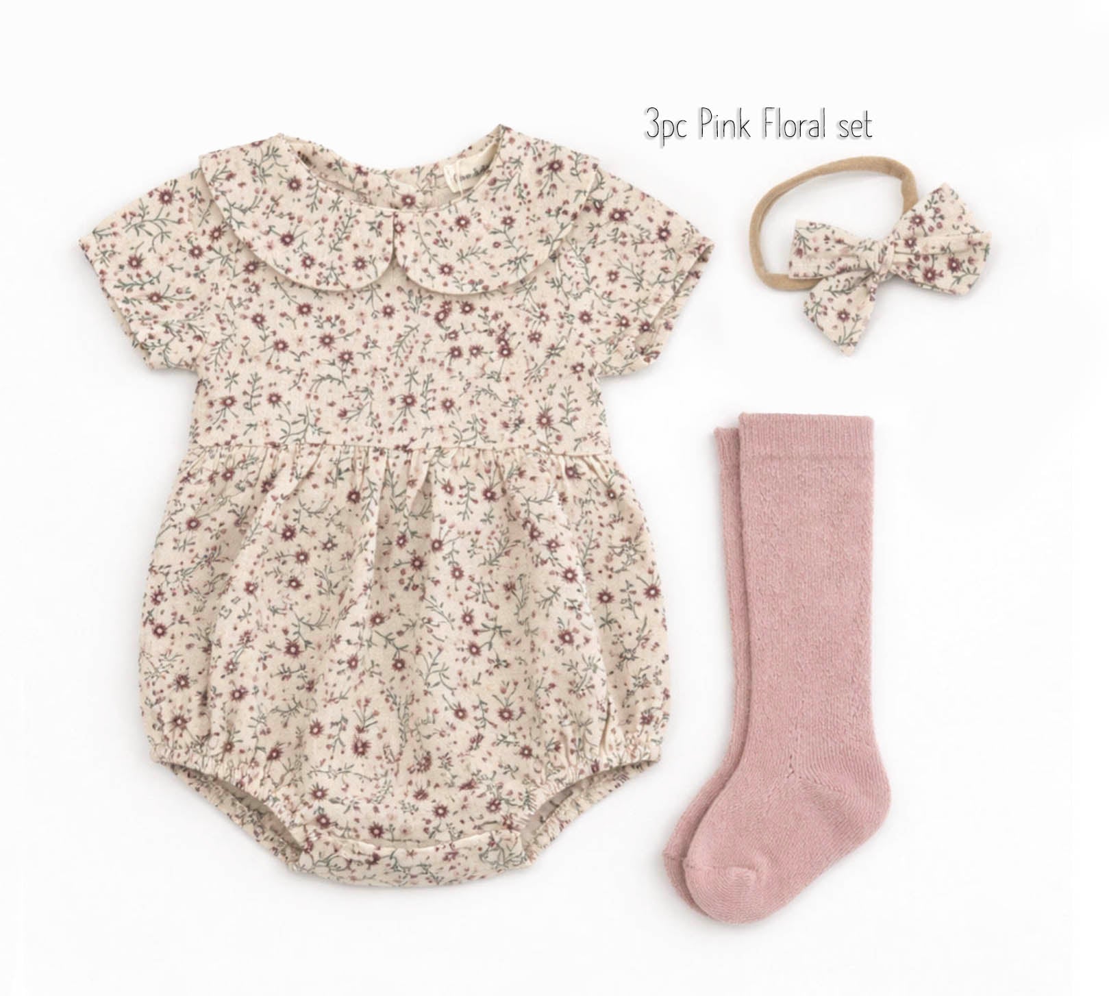 Floral Oat Linen Bunny Bonnet Romper  | EASTER Floral set options