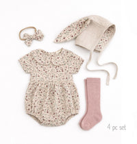 Floral Oat Linen Bunny Bonnet Romper  | EASTER Floral set options