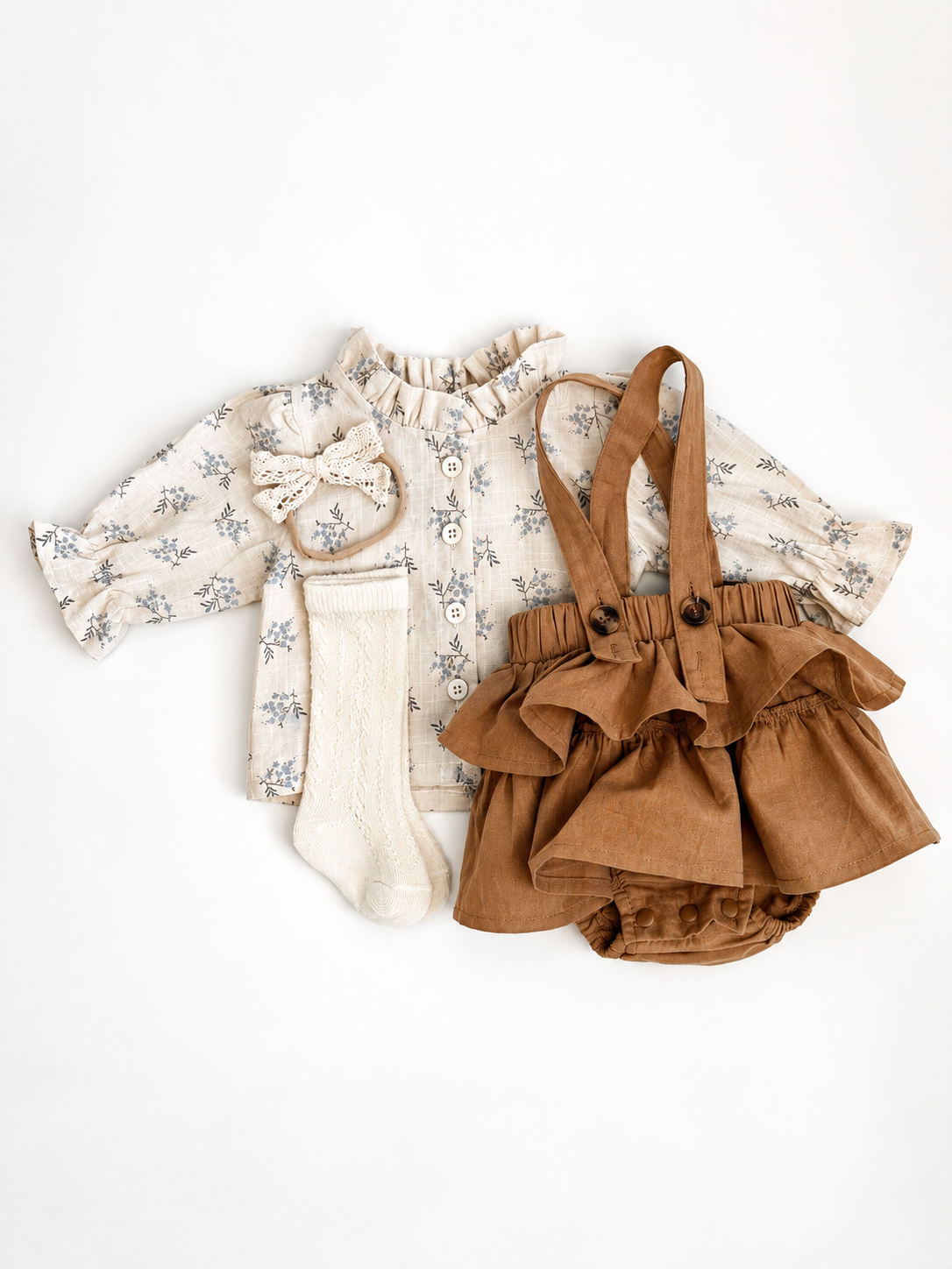clara set flatlay with cream socks and cream lace bow 4pc set