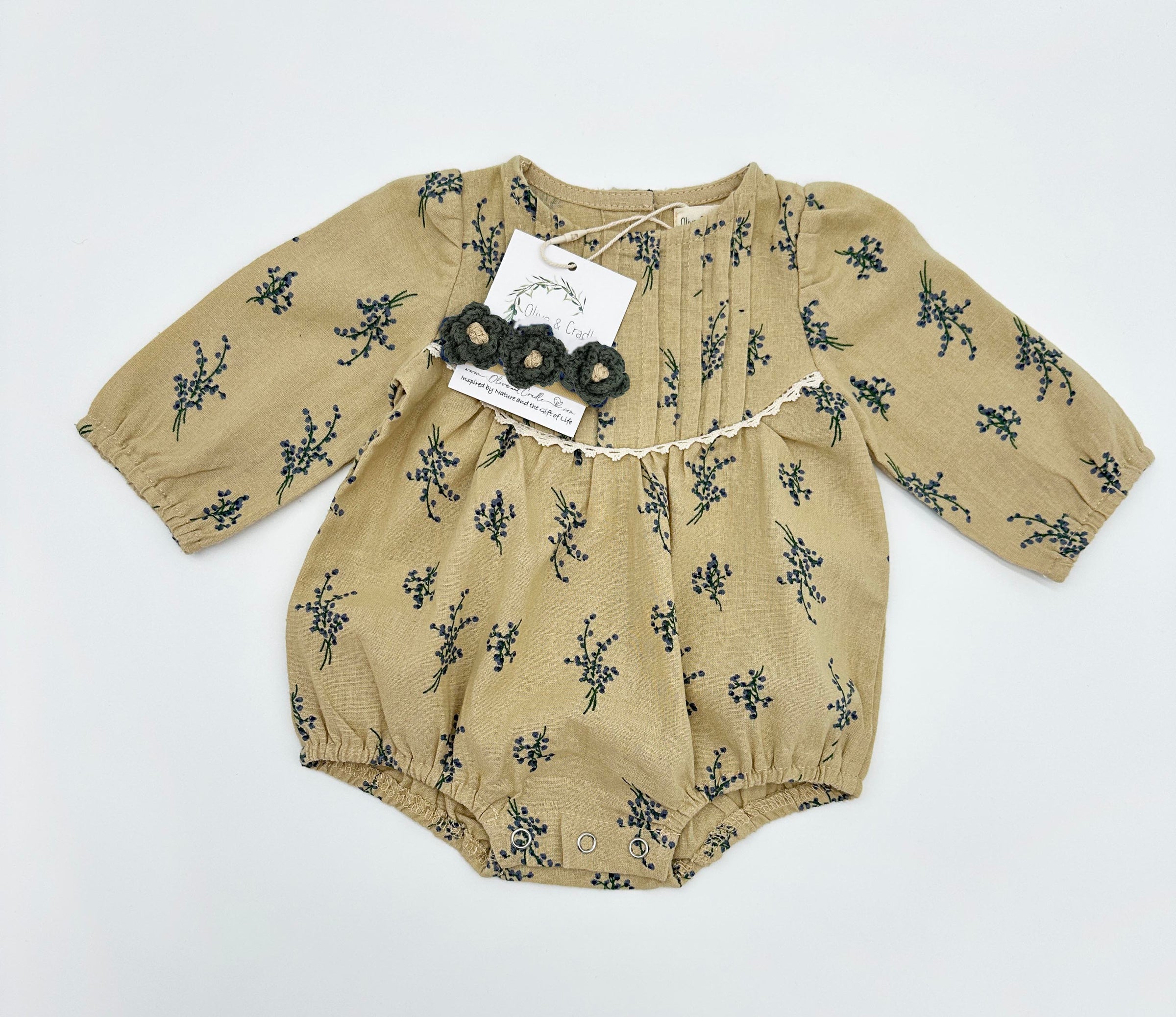 Blue Floral Pleated Bubble Romper + Green Floral Headband | Mabel LONG sleeve