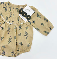 Blue Floral Pleated Bubble Romper + Green Floral Headband | Mabel LONG sleeve