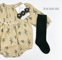 Blue Floral Pleated Bubble Romper + Green Floral Headband | Mabel LONG sleeve