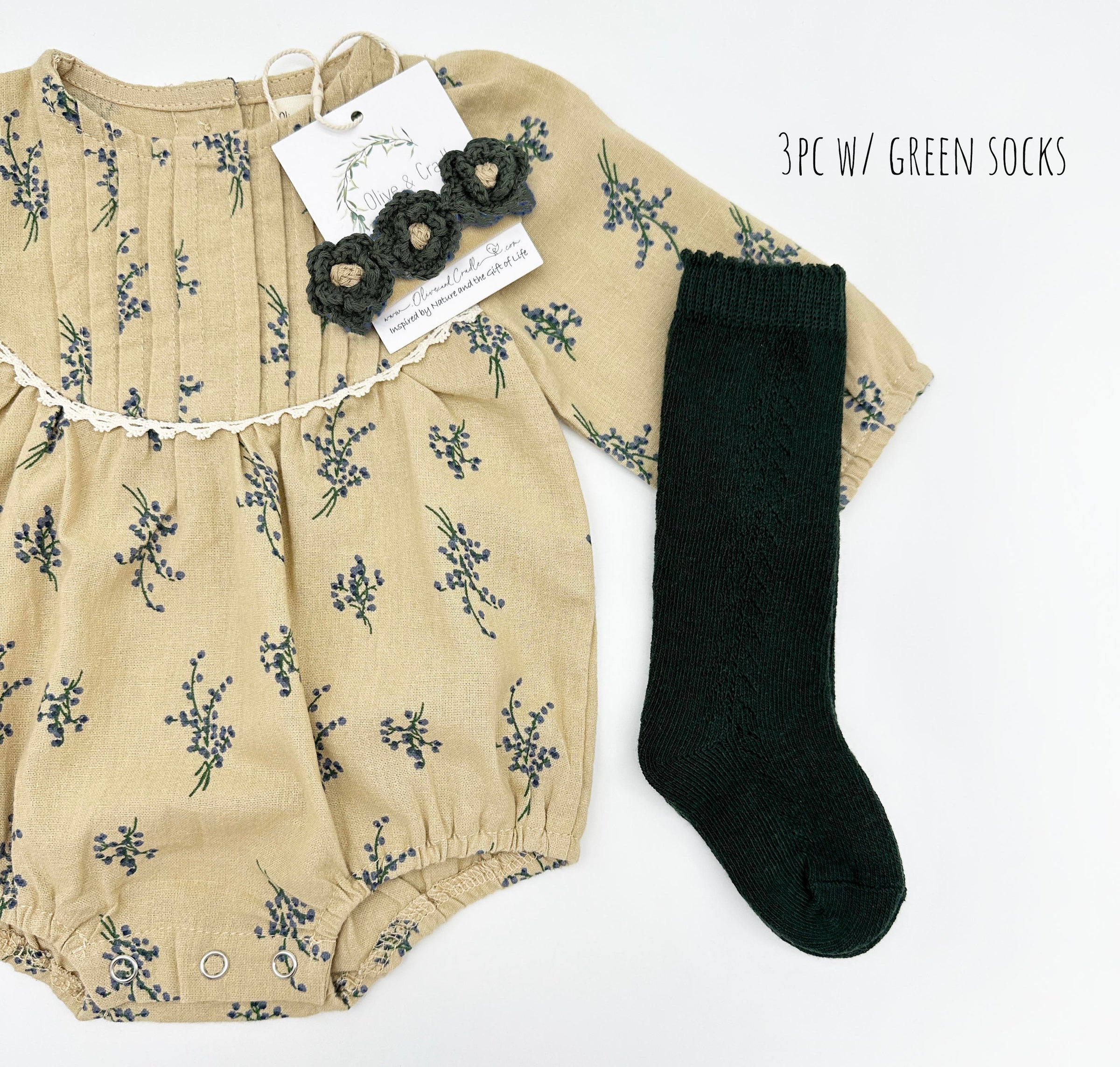 Blue Floral Pleated Bubble Romper + Green Floral Headband | Mabel LONG sleeve