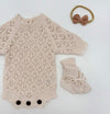 Leaf Lace Knit Baby Romper Set | LACY light cream