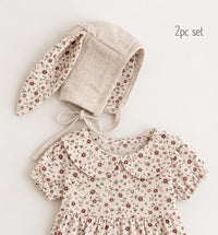 Floral Oat Linen Bunny Bonnet Romper  | EASTER Floral set options
