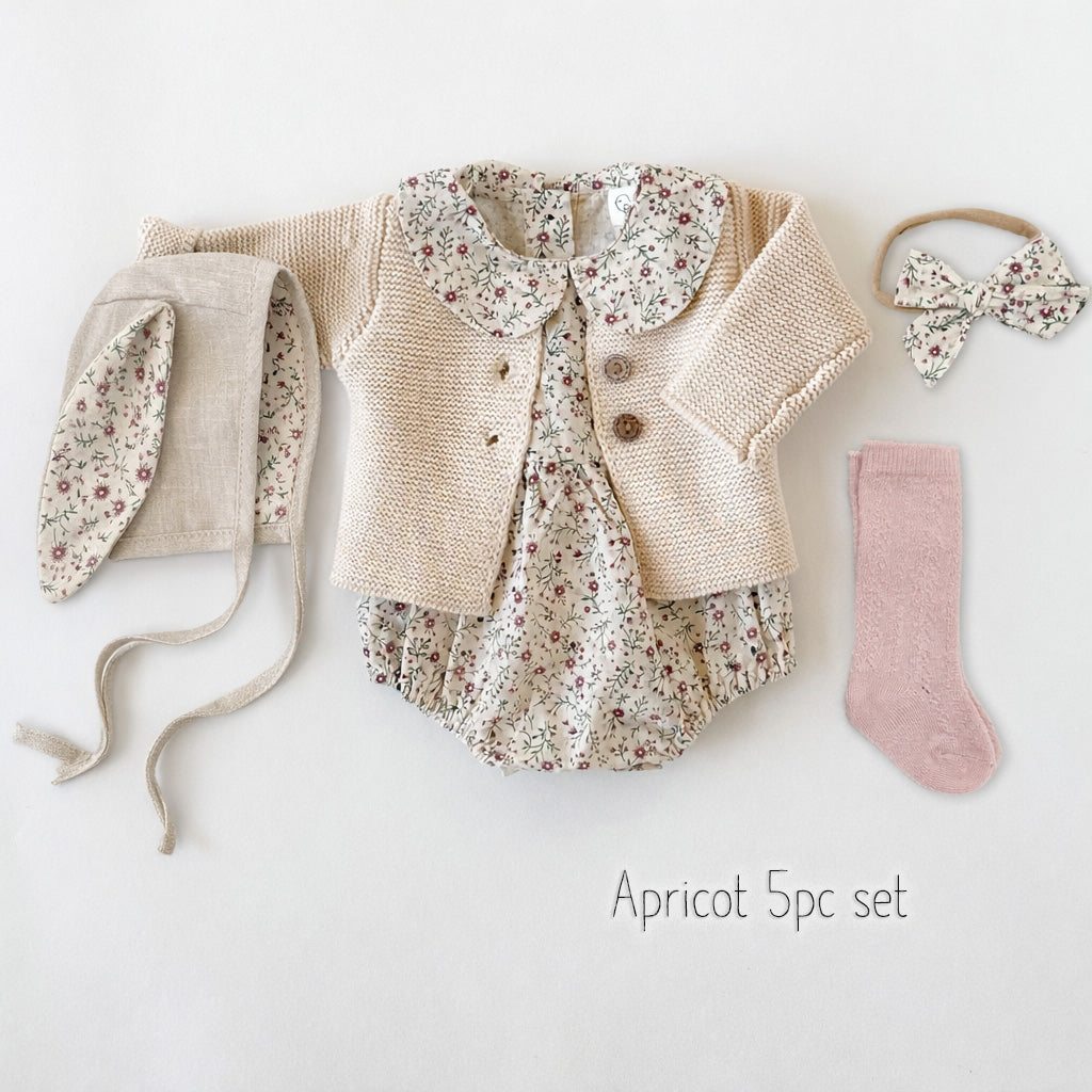 Floral Oat Linen Bunny Bonnet Romper  | EASTER Floral set options