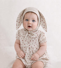 Floral Oat Linen Bunny Bonnet Romper  | EASTER Floral set options