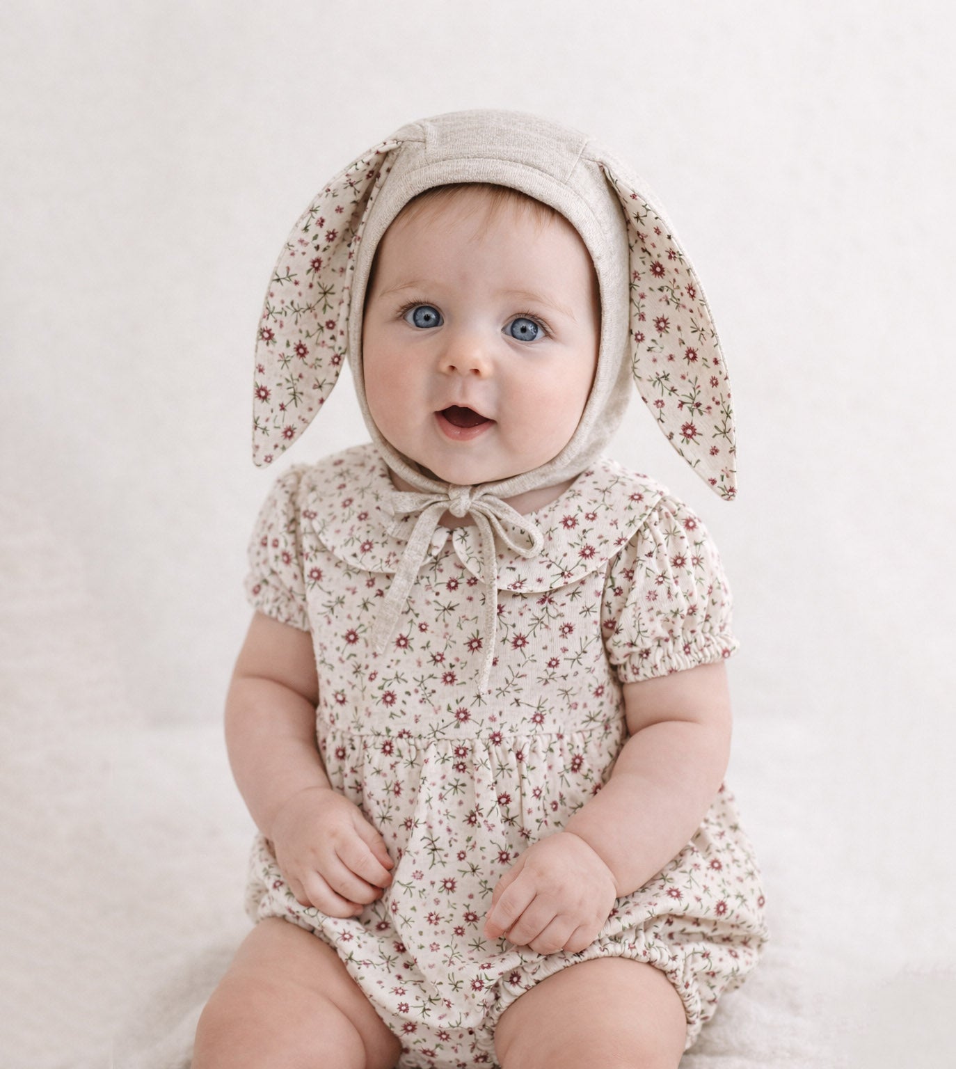Floral Oat Linen Bunny Bonnet Romper  | EASTER Floral set options
