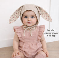 Floral Oat Linen Bunny Bonnet Romper  | EASTER Floral set options