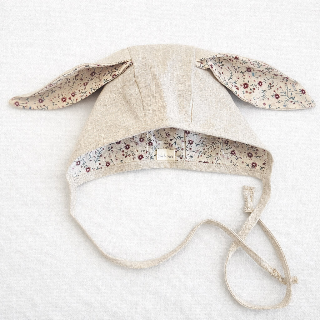 Floral Oat Linen Bunny Bonnet Romper  | EASTER Floral set options