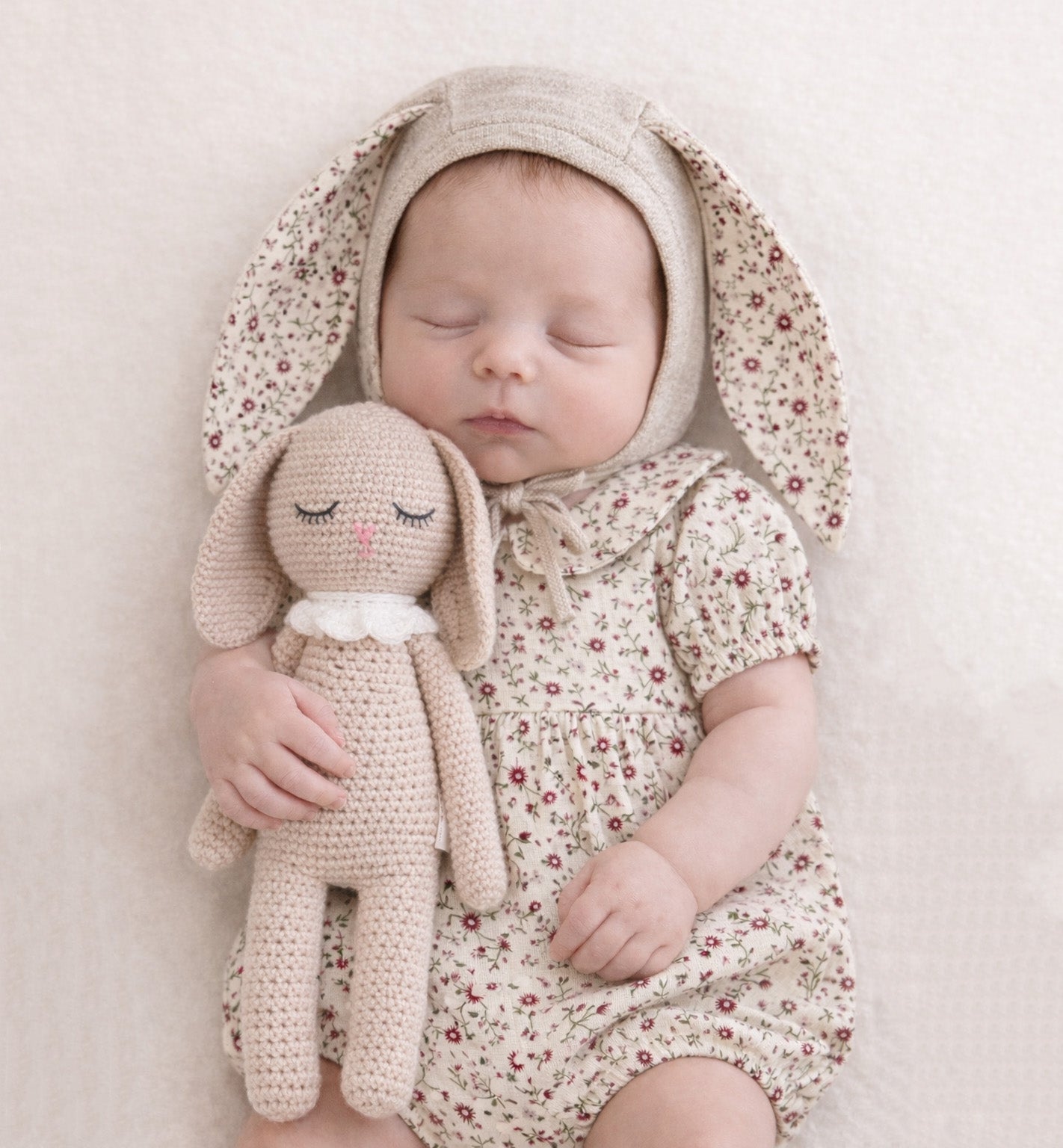 Floral Oat Linen Bunny Bonnet Romper  | EASTER Floral set options