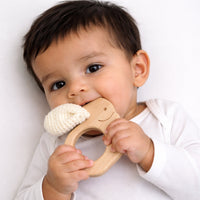 Crochet Crinkle Ears Wooden Bunny Teether + Rattle Set