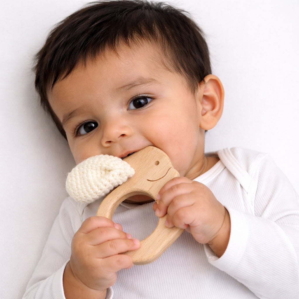 Crochet Crinkle Ears Wooden Bunny Teether + Rattle Set