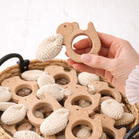 Crochet Crinkle Ears Wooden Bunny Teether + Rattle Set