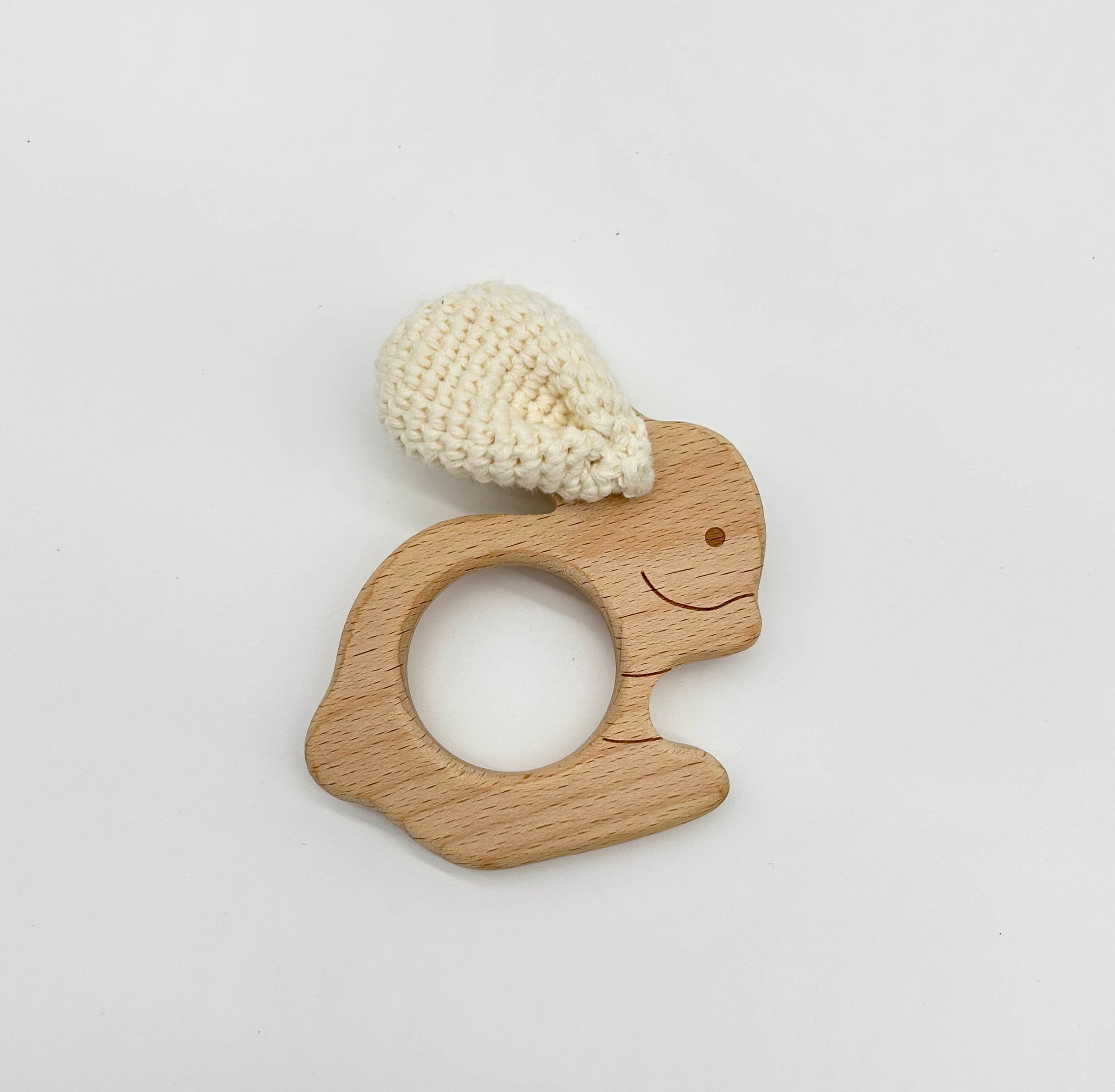 Crochet Crinkle Ears Wooden Bunny Teether + Rattle Set