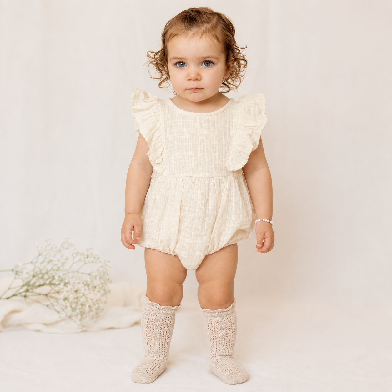 Milana Muslin Bubble Romper + Bow – Olive and Cradle