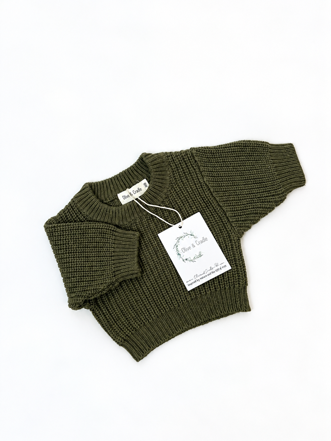 An olive green ribbed knit baby sweater with long sleeves and a crew neck, shown with its paper tags on a clean white background.