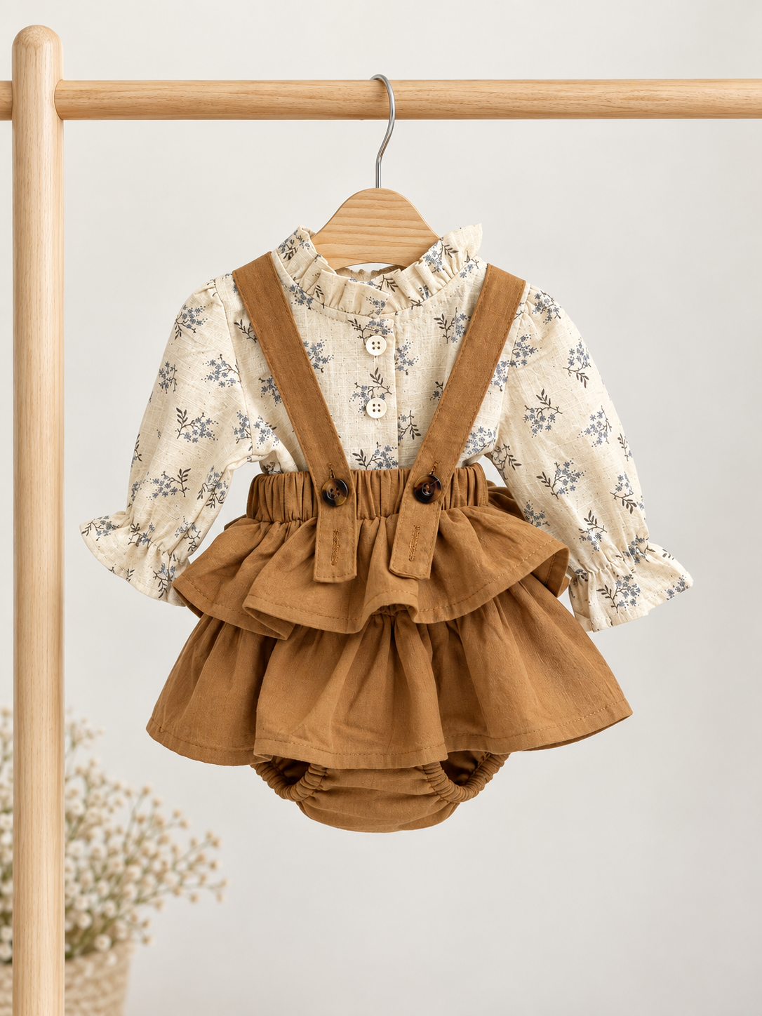 A baby girl's two-piece outfit hanging on a wooden hanger from a light wood clothing rack. The set includes a cream-colored long-sleeve blouse with a delicate blue floral pattern and a brown tiered ruffle overalls with matching shoulder straps and a buttoned crotch.