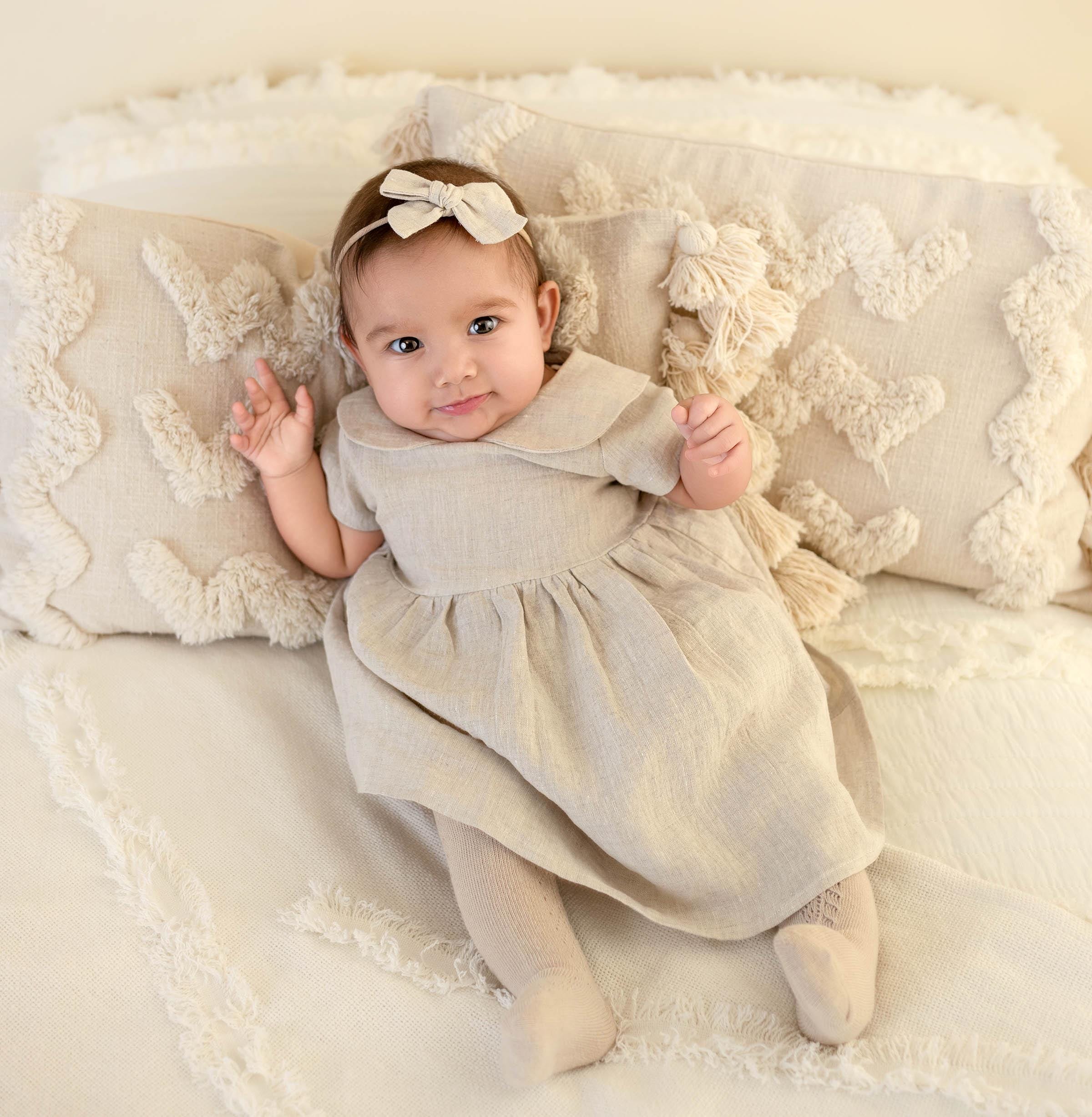 Peter Pan Collar Linen Dress | Allie Dress with Bow 18-24 months / oat Linen Peter Pan Collar Linen Dress | Allie Dress with Bow 18-24 months / oat Linen
