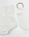 Julia White Bubble Romper with bow and socks | 3pc set