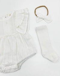 Julia White Bubble Romper with bow and socks | 3pc set