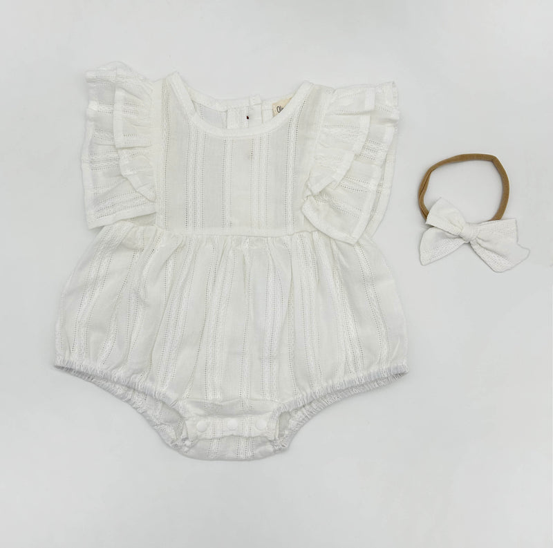 Julia White Bubble Romper with bow and socks | 3pc set