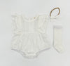 Julia White Bubble Romper with bow and socks | 3pc set