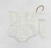 Julia White Bubble Romper with bow and socks | 3pc set