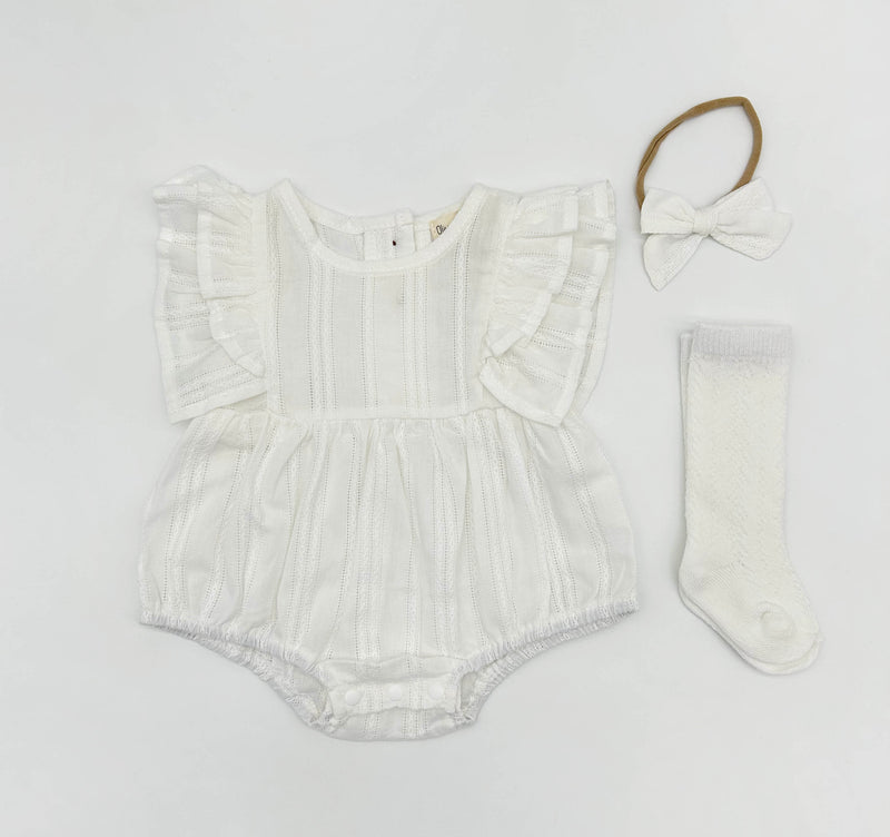 Julia White Bubble Romper with bow and socks | 3pc set