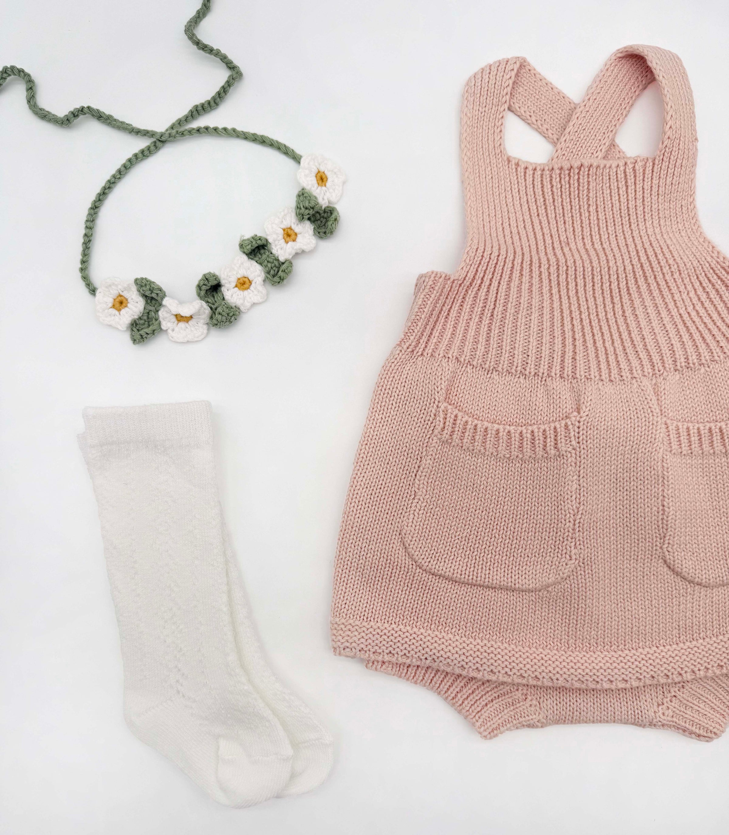 Knitted Olivia Dress Set | Dress bloomer socks headband | Olivia Pink