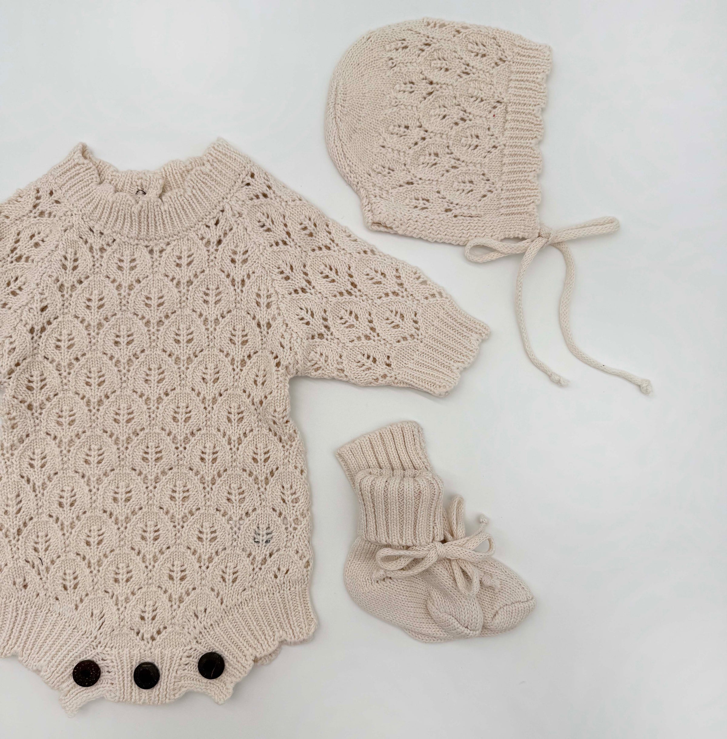 Leaf Lace Knit Baby Romper Set | LACY light cream