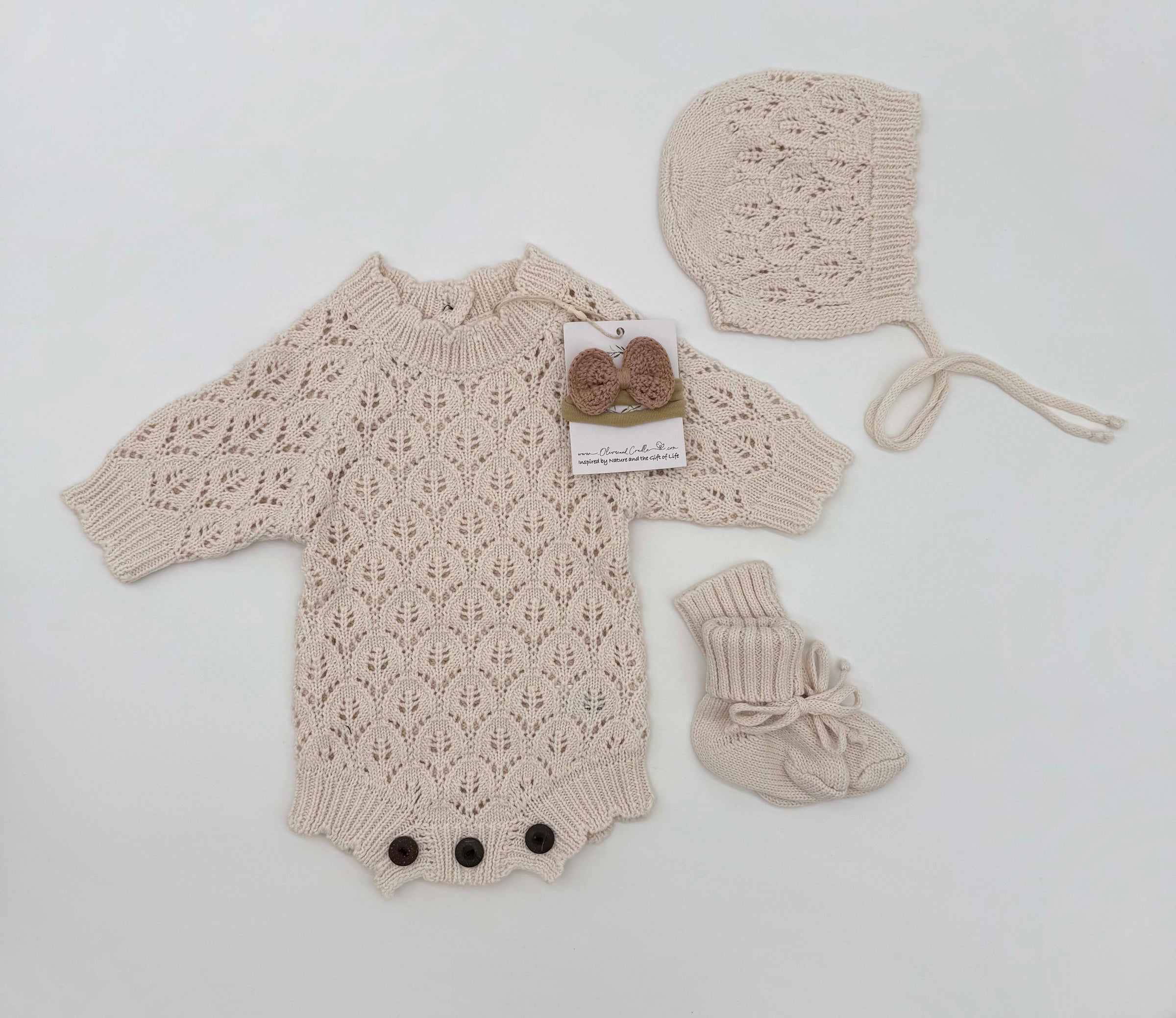 Leaf Lace Knit Baby Romper Set | LACY light cream