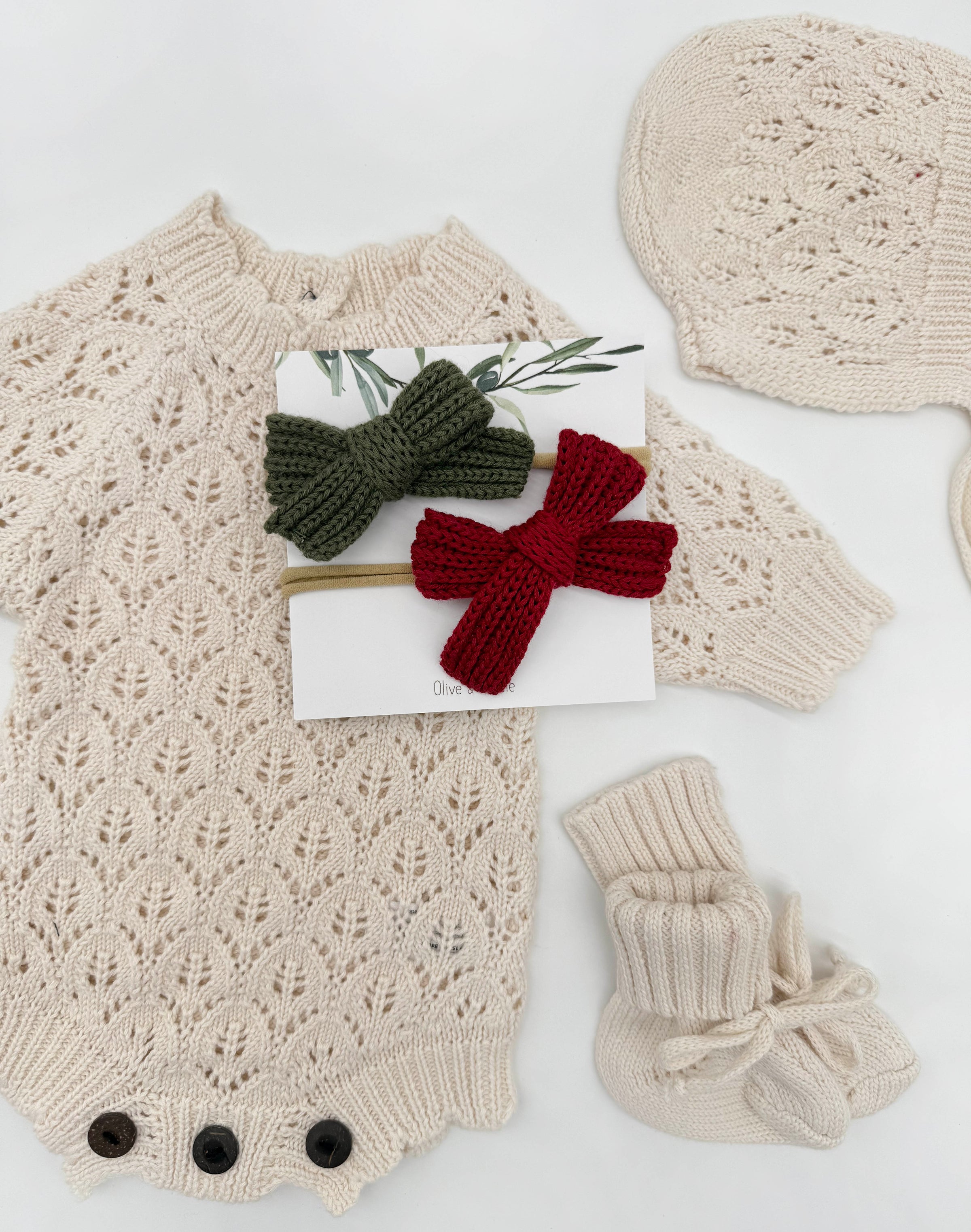 Leaf Lace Knit Baby Romper Set | LACY light cream
