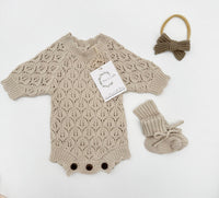 Leaf Lace Knit Baby Romper Set | LACY Vintage white