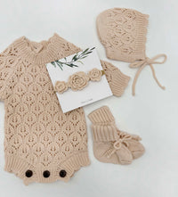 Leaf Lace Knit Baby Romper Set | LACY Apricot pink