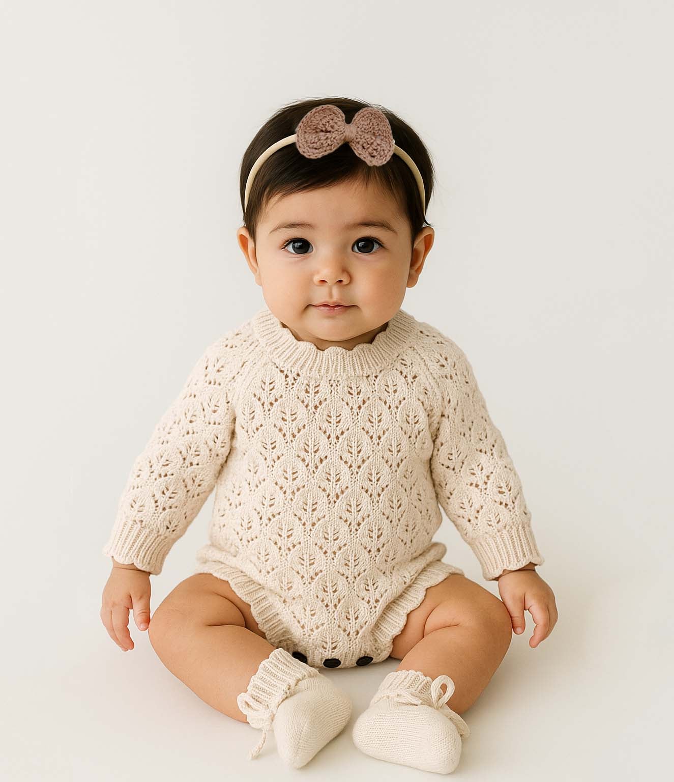 Leaf Lace Knit Baby Romper Set | LACY light cream