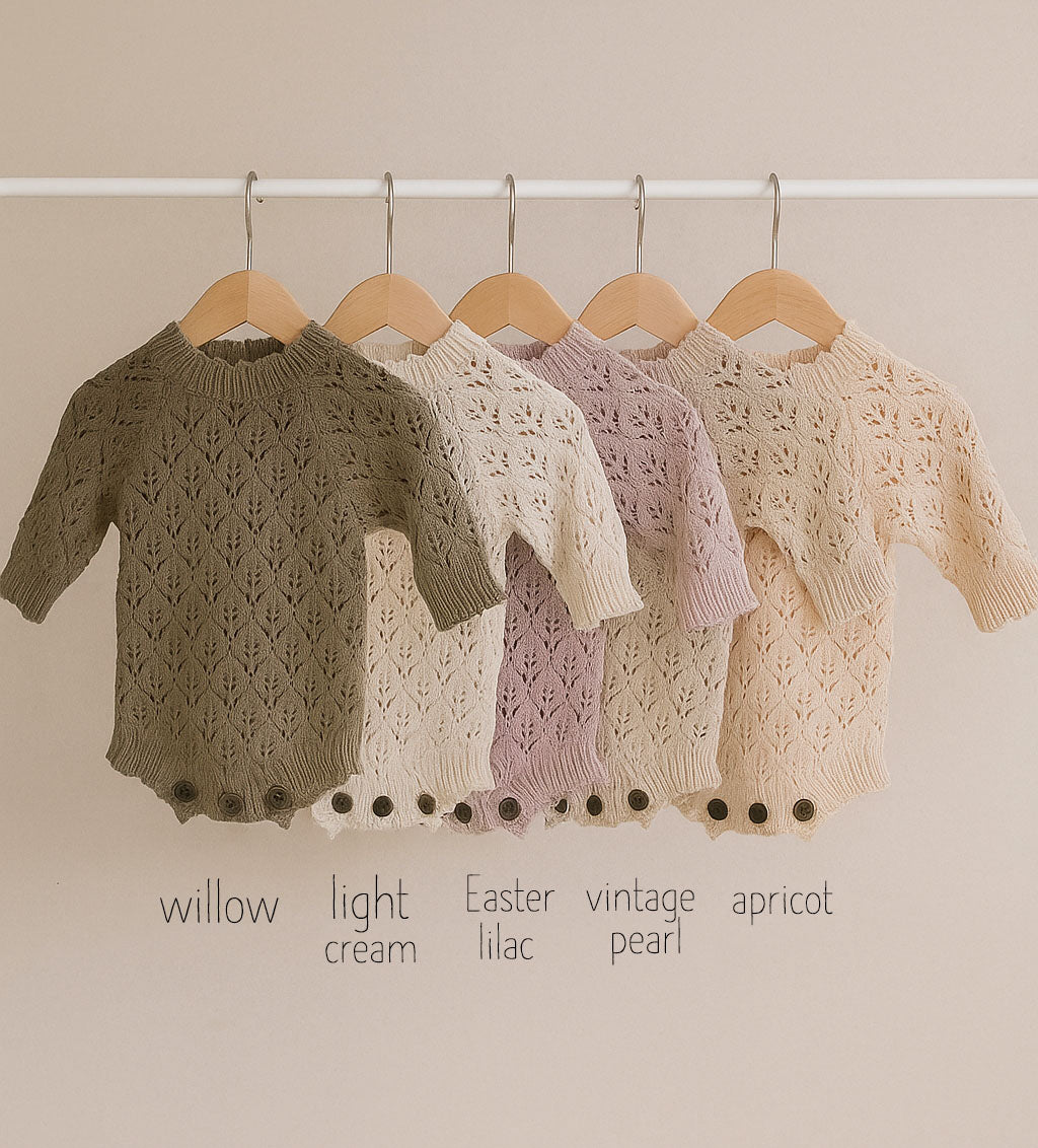 Leaf Lace Knit Baby Romper Set | LACY Apricot pink