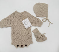 Leaf Lace Knit Baby Romper Set | LACY Vintage white