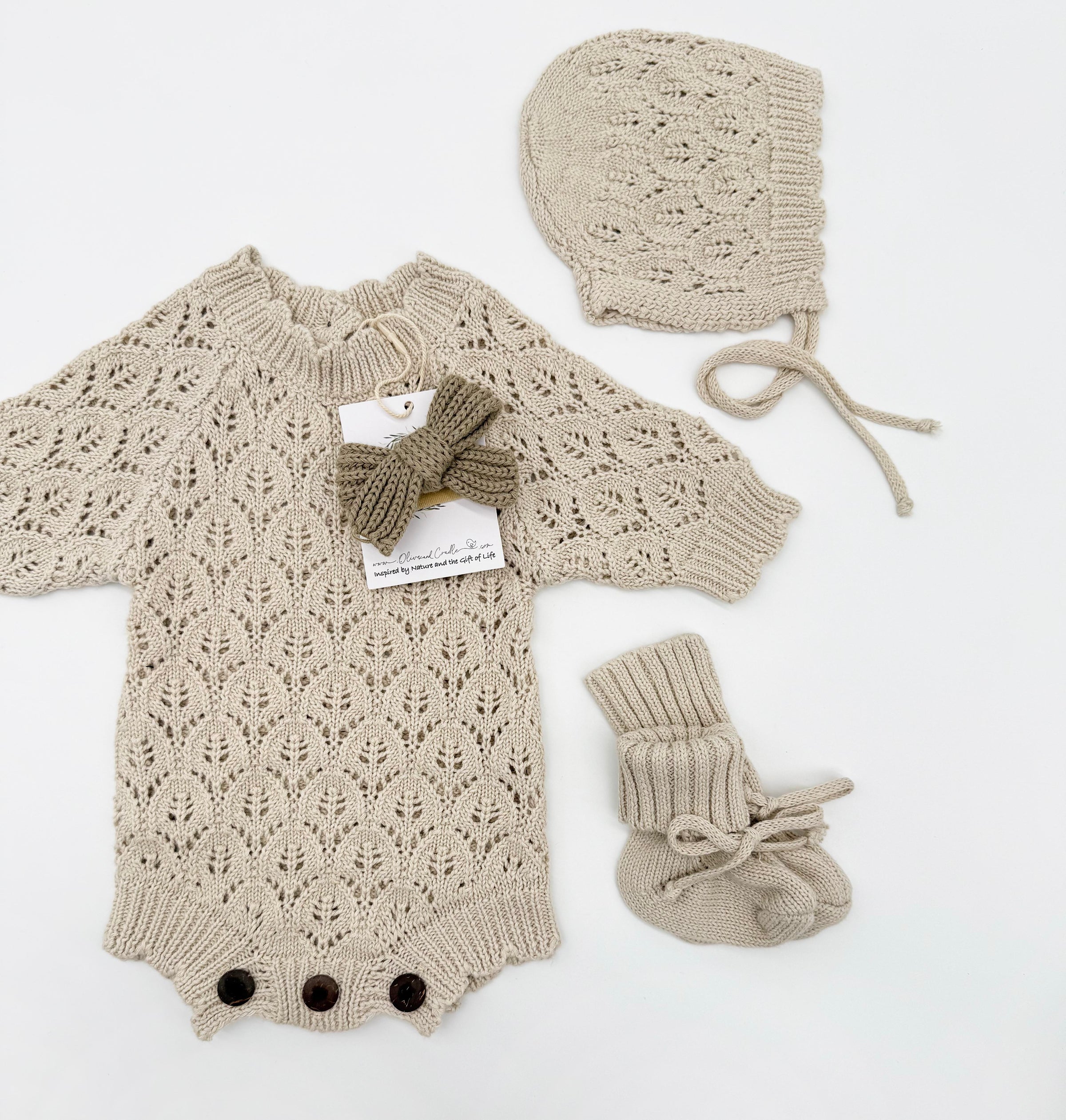 Leaf Lace Knit Baby Romper Set | LACY Vintage white