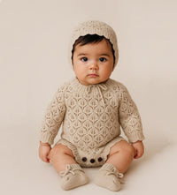 Leaf Lace Knit Baby Romper Set | LACY Vintage white