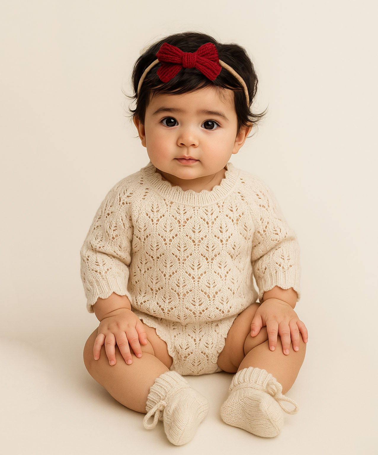 Leaf Lace Knit Baby Romper Set | LACY light cream
