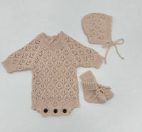 Leaf Lace Knit Baby Romper Set | LACY Apricot pink