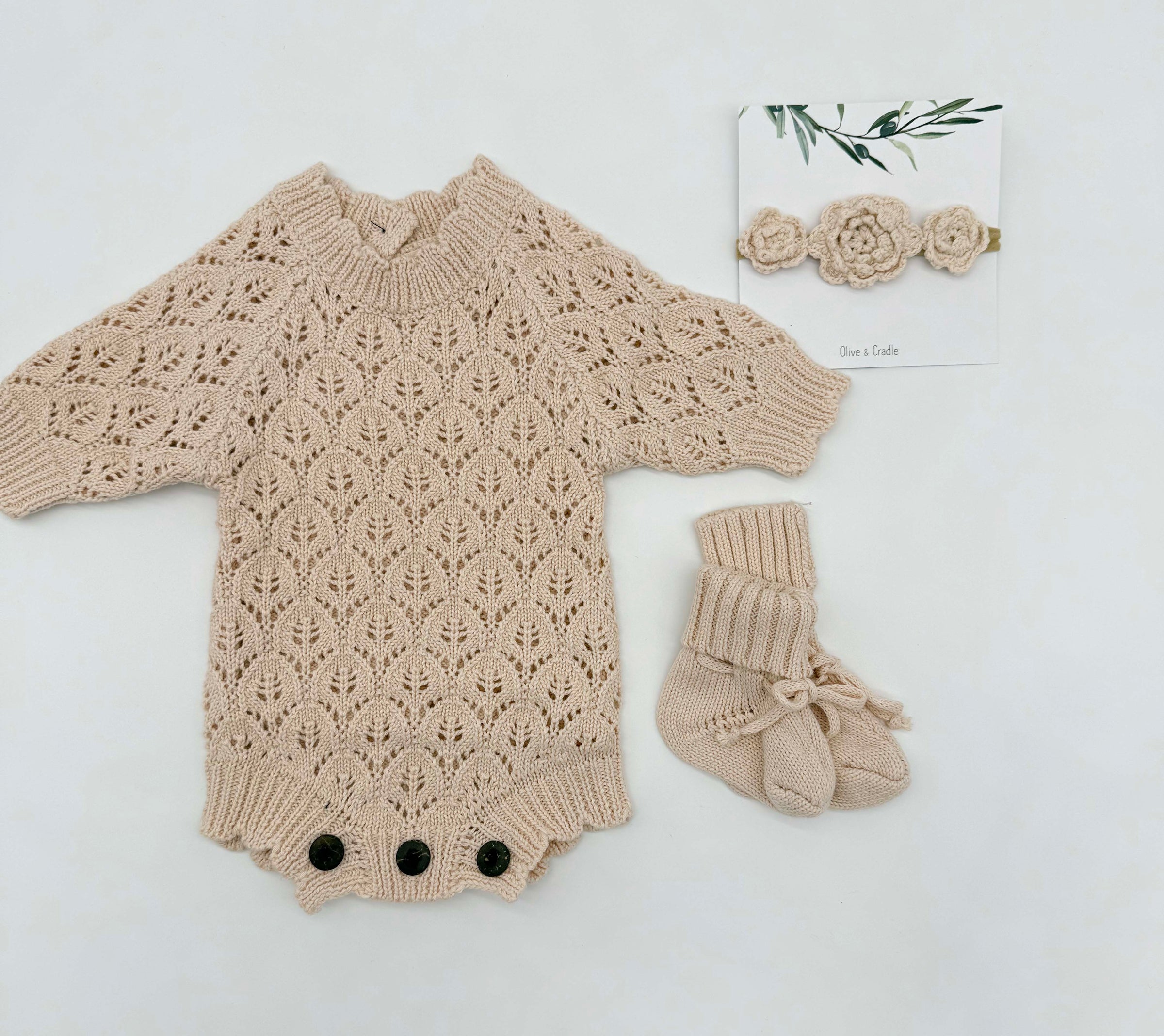 Leaf Lace Knit Baby Romper Set | LACY Apricot pink
