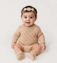 Leaf Lace Knit Baby Romper Set | LACY Apricot pink