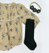 Blue Floral Pleated Bubble Romper + Green Floral Headband | Mabel LONG sleeve