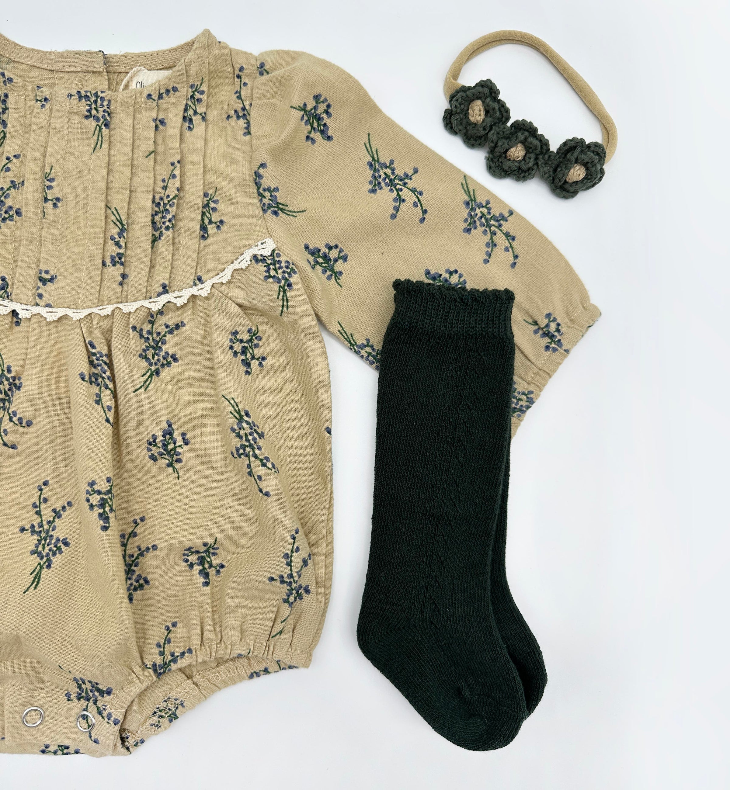 Blue Floral Pleated Bubble Romper + Green Floral Headband | Mabel LONG sleeve