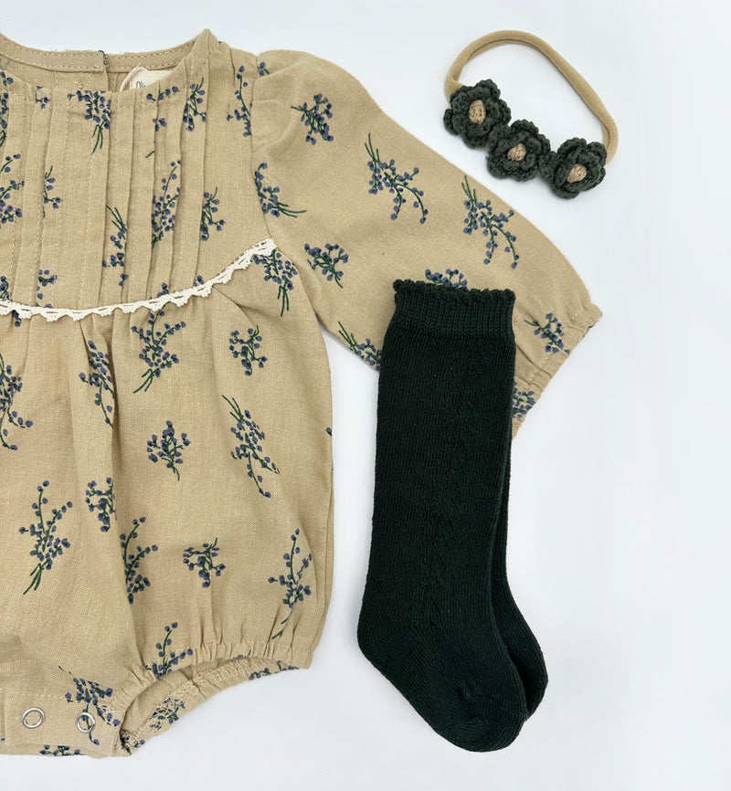 Blue Floral Pleated Bubble Romper + Green Floral Headband | Mabel LONG sleeve