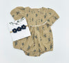 Blue Floral Pleated Bubble Romper + Blue Floral headband| Mabel SHORT sleeve