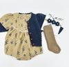 Blue Floral Pleated Bubble Romper + Blue Floral headband| Mabel SHORT sleeve